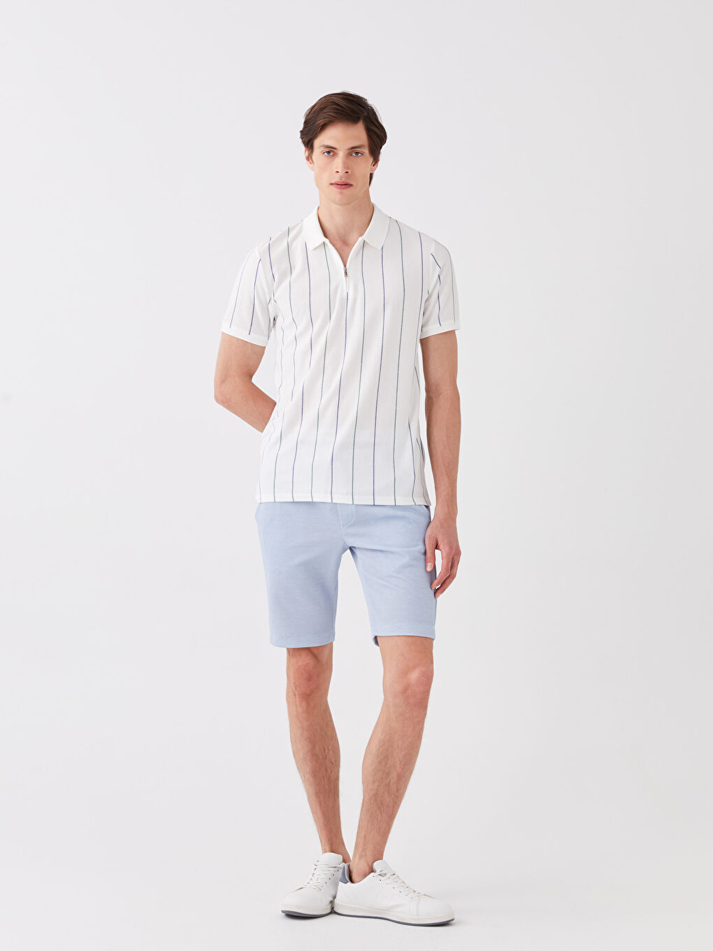 Ekru Polo Yaka Kısa Kollu Çizgili Erkek Tişört-2