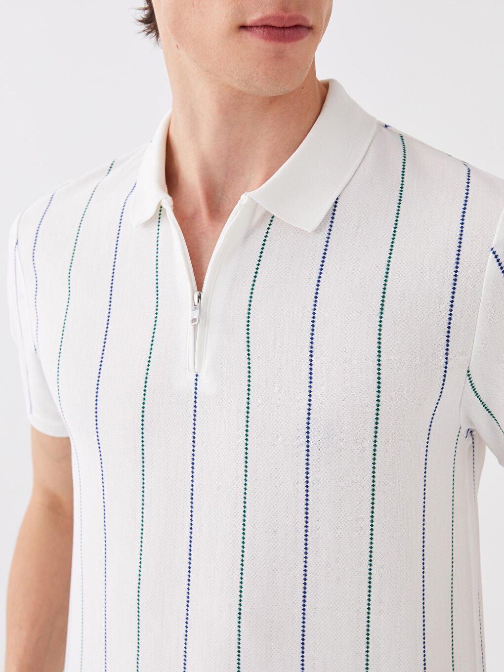 Ekru Polo Yaka Kısa Kollu Çizgili Erkek Tişört-3