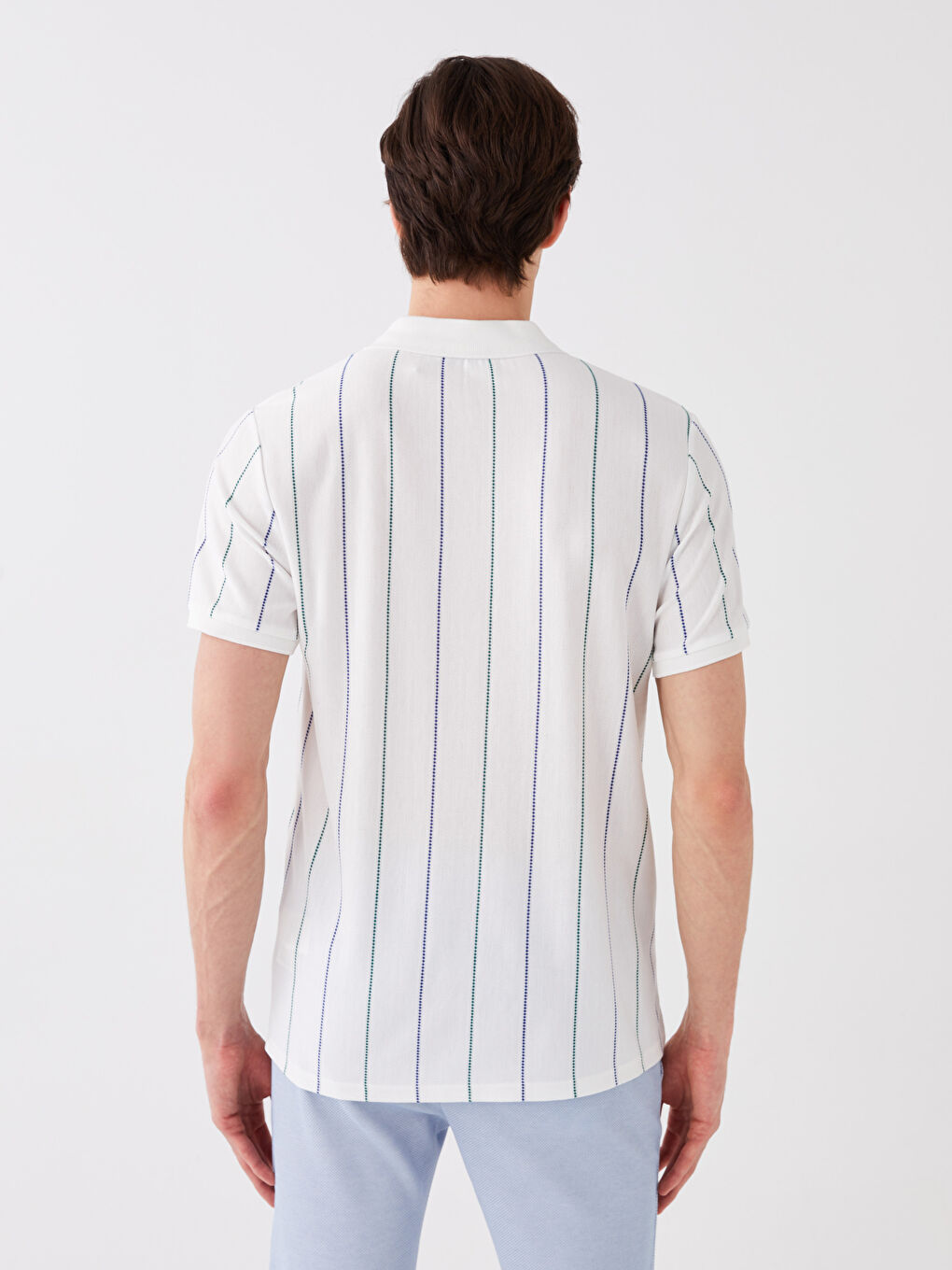 Ekru Polo Yaka Kısa Kollu Çizgili Erkek Tişört-4