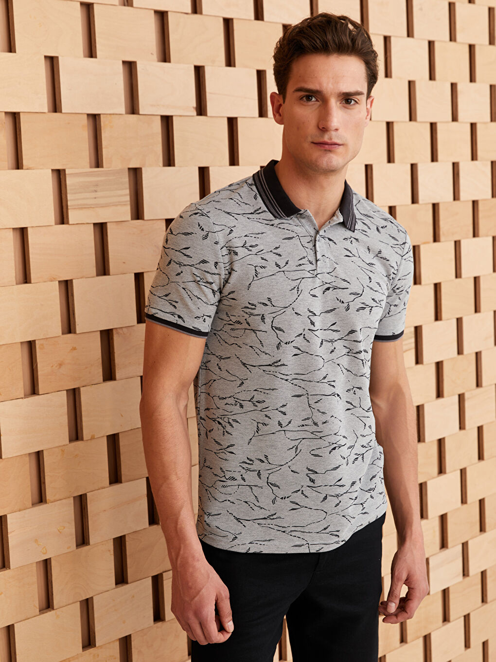 Polo Neck Short Sleeve Patterned Pike Men's T-shirt -S3CR28Z8-LQ9