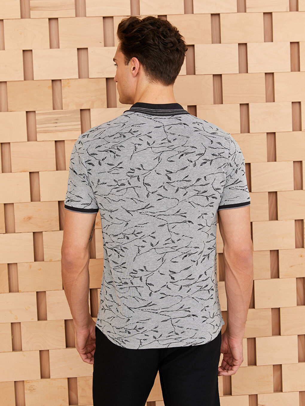Polo Neck Short Sleeve Patterned Pike Men's T-shirt -S3CR28Z8-LQ9