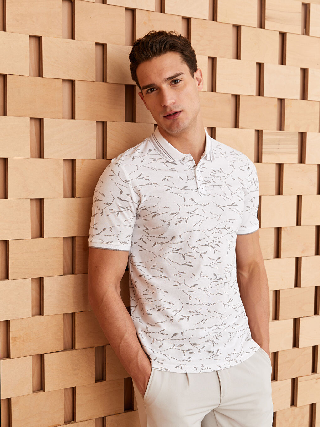 Polo Neck Short Sleeve Patterned Pike Men's T-shirt -S3CR28Z8-LU7