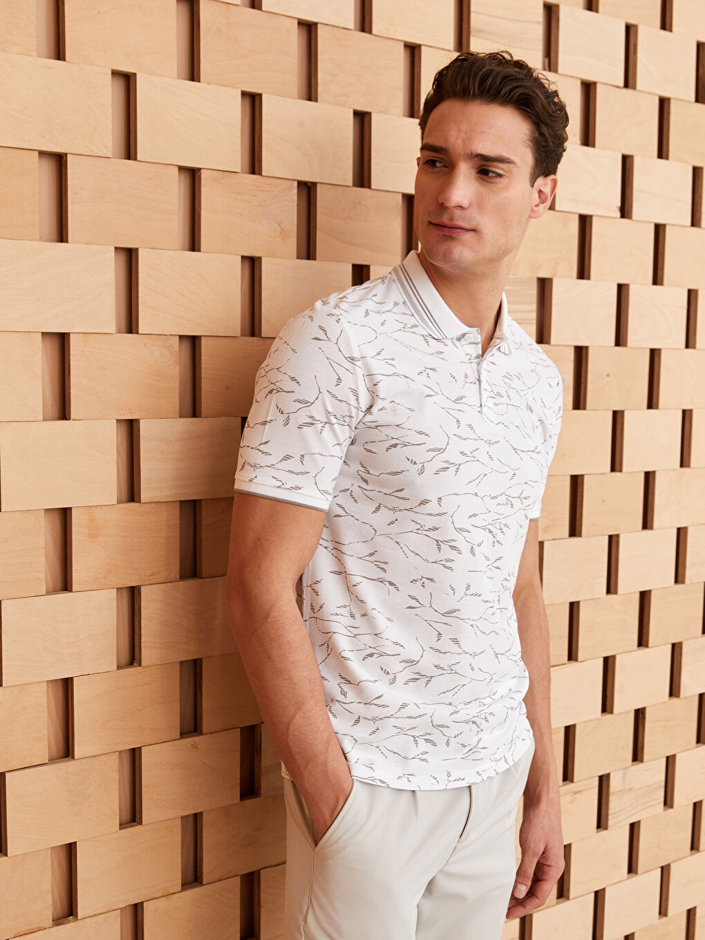 Polo Neck Short Sleeve Patterned Pike Men's T-shirt -S3CR28Z8-LU7