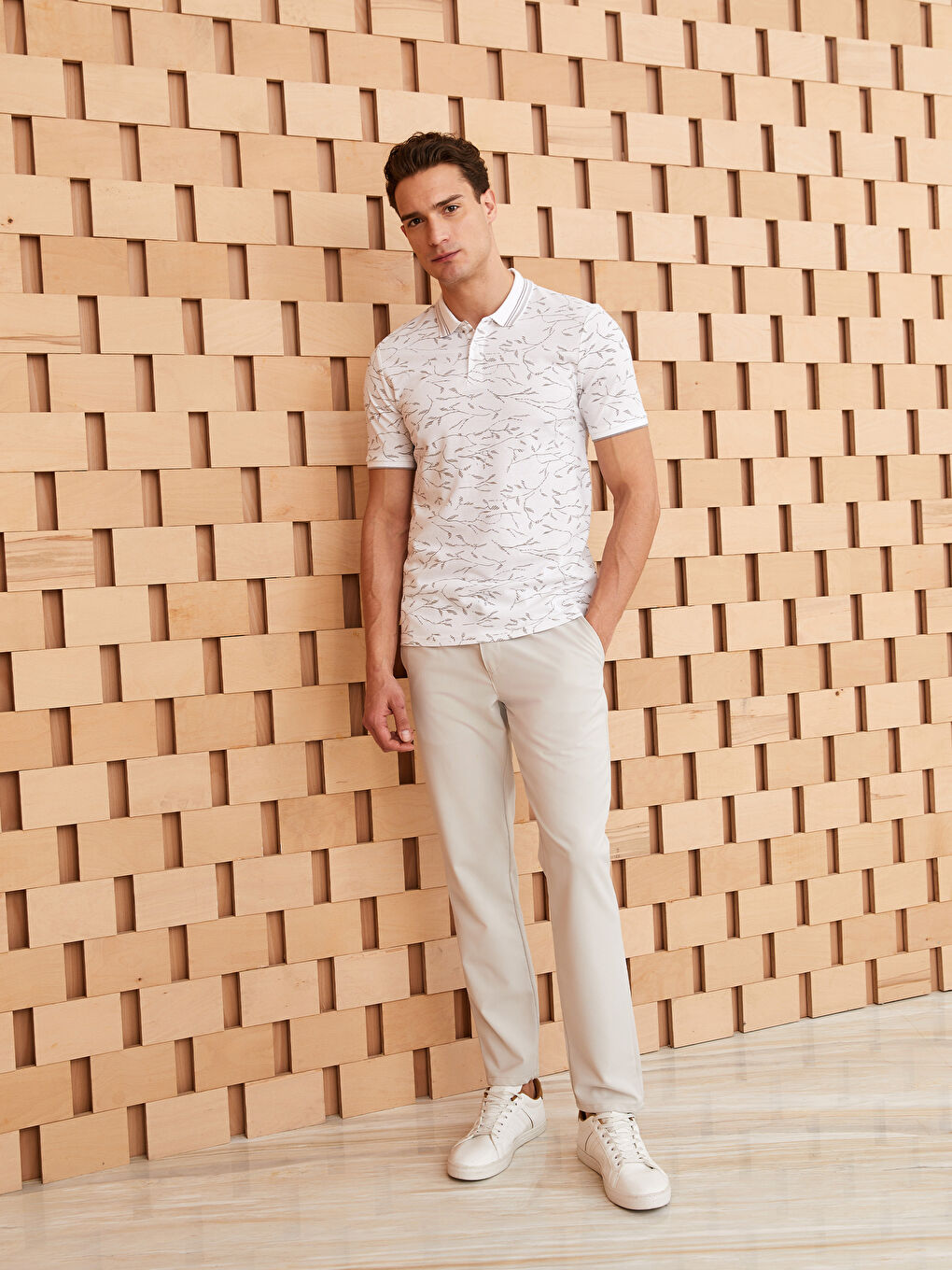 Polo Neck Short Sleeve Patterned Pike Men's T-shirt -S3CR28Z8-LU7