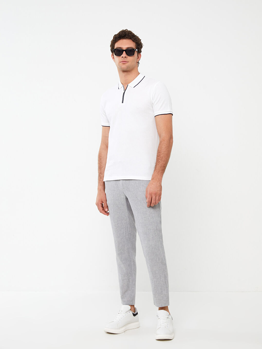 Beyaz Polo Yaka Kısa Kollu Erkek Tişört-2