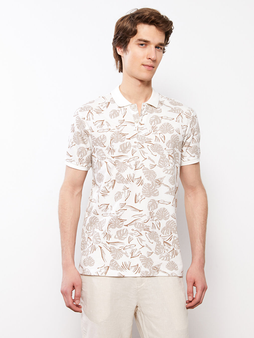 Bej Polo Yaka Kısa Kollu Desenli Pike Erkek Tişört