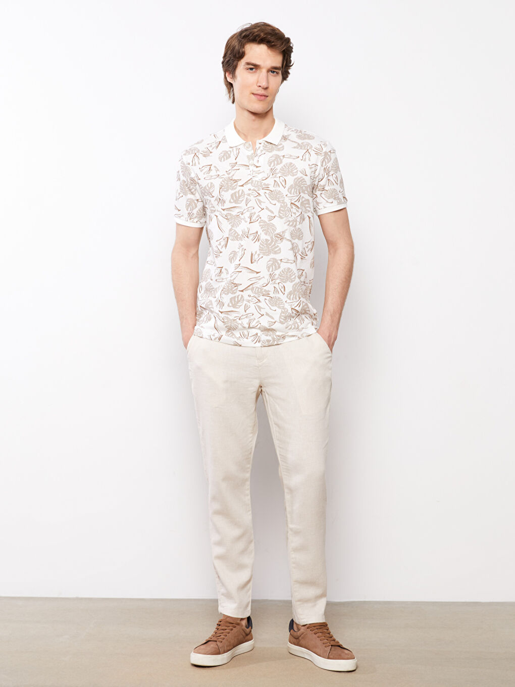 Bej Polo Yaka Kısa Kollu Desenli Pike Erkek Tişört-1