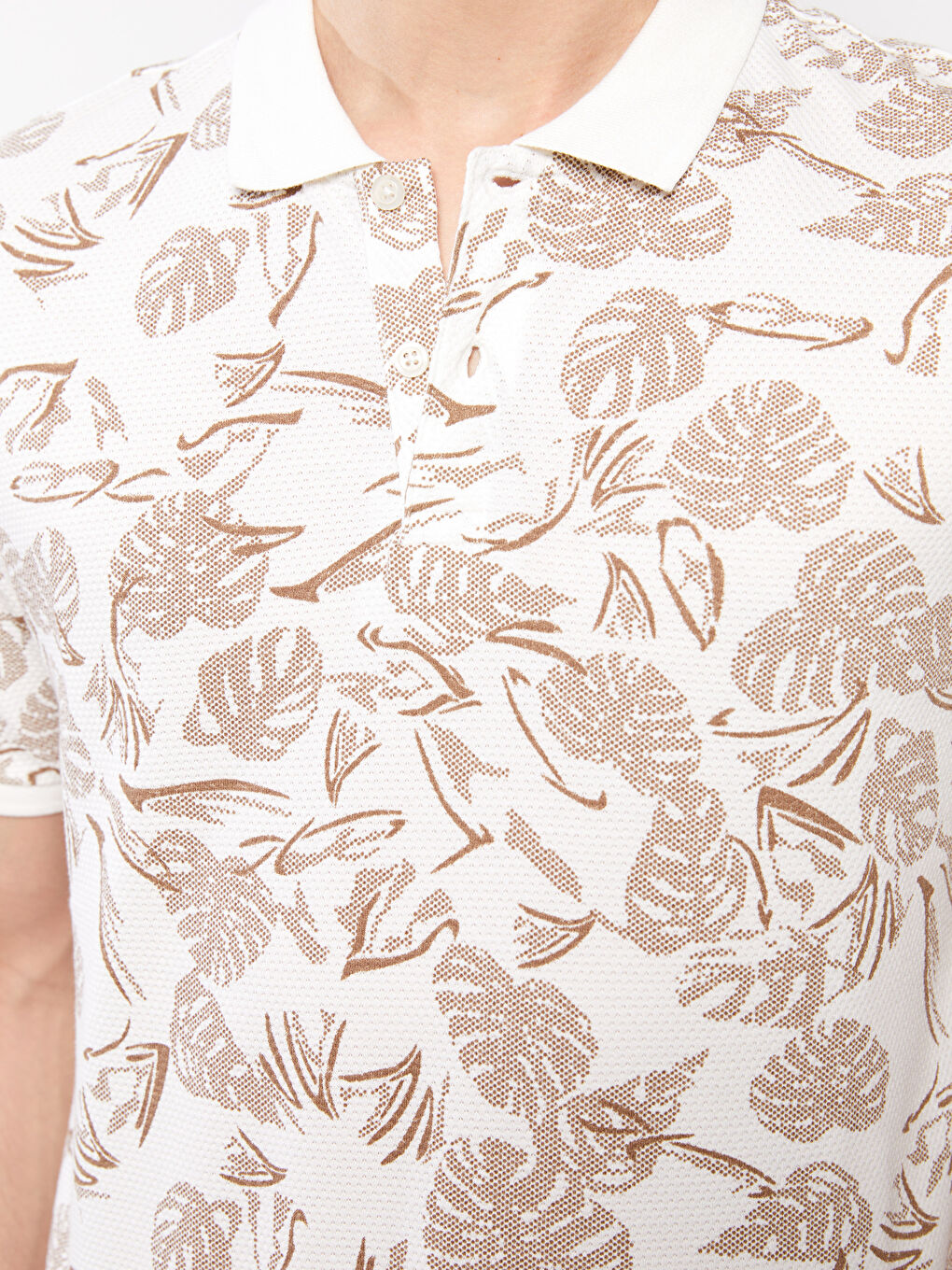 Bej Polo Yaka Kısa Kollu Desenli Pike Erkek Tişört-3