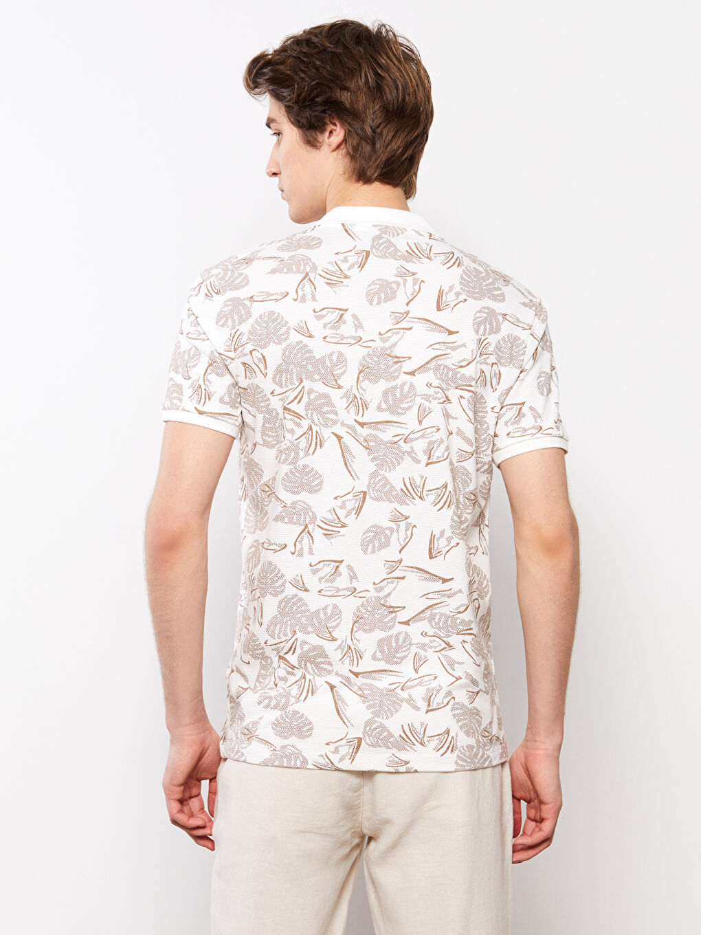 Bej Polo Yaka Kısa Kollu Desenli Pike Erkek Tişört-4