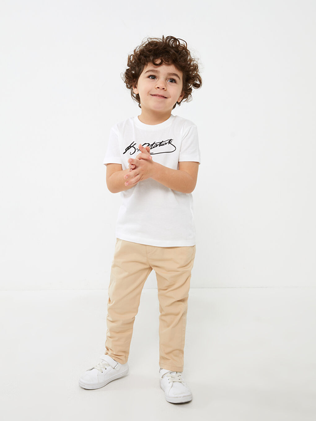 Beyaz Bisiklet Yaka Kısa kollu Atatürk İmza Baskılı Erkek Bebek Tişört-3