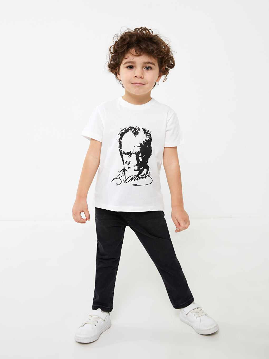 Beyaz Bisiklet Yaka Kısa Kollu Atatürk Baskılı Erkek Bebek Tişört-2