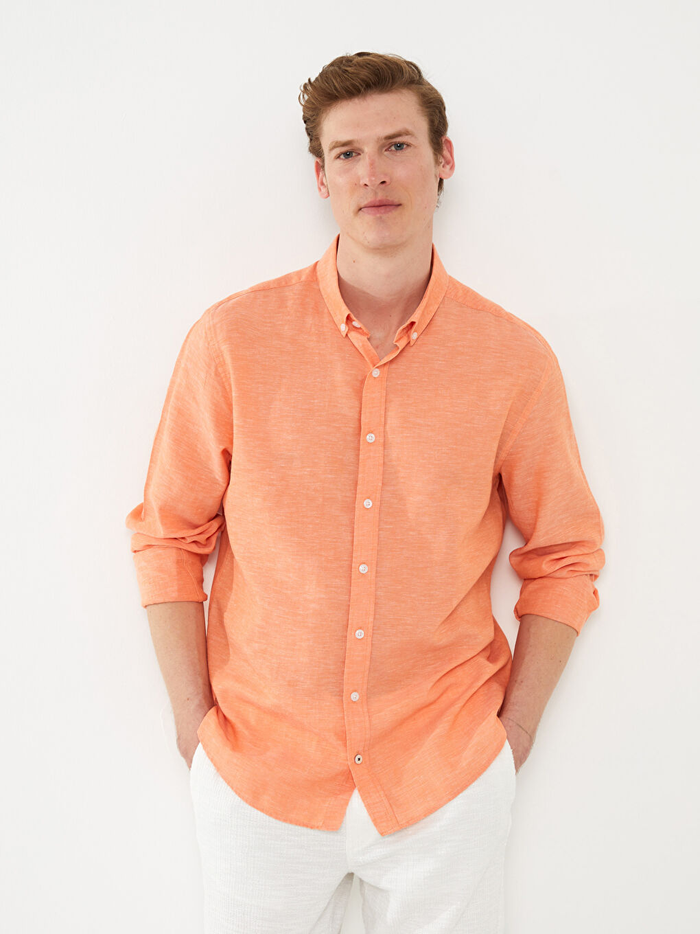 Ерлерге арналған стандартты пішім ұзын жең зығыр қоспасы жейде-1