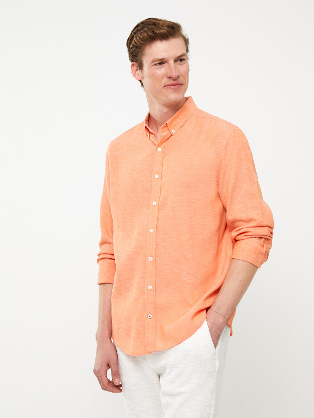 Ерлерге арналған стандартты пішім ұзын жең зығыр қоспасы жейде-2