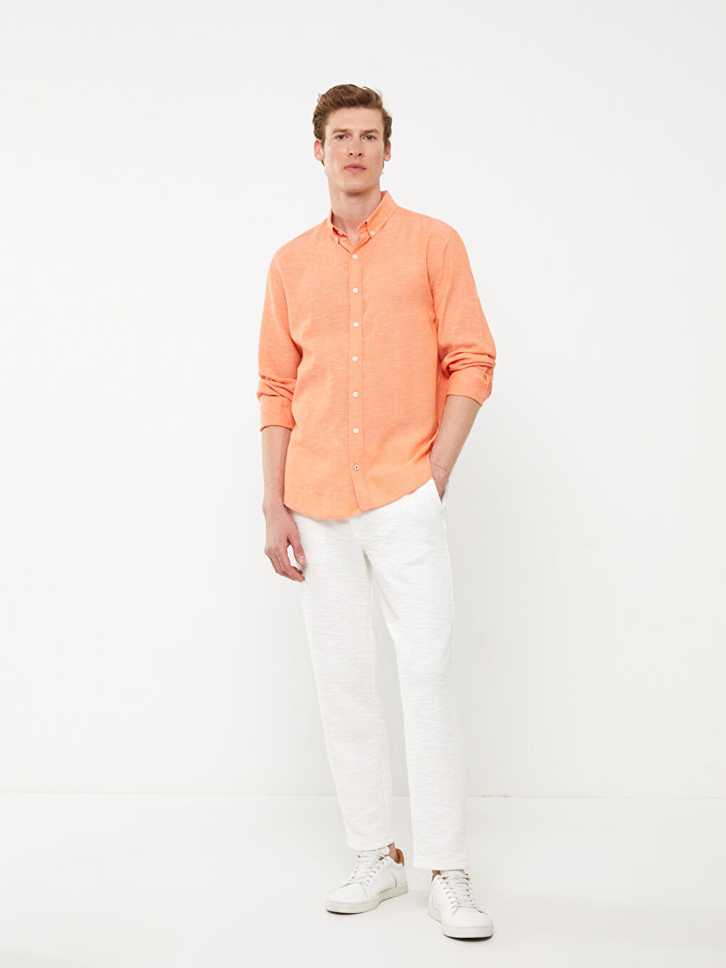 Ерлерге арналған стандартты пішім ұзын жең зығыр қоспасы жейде-3