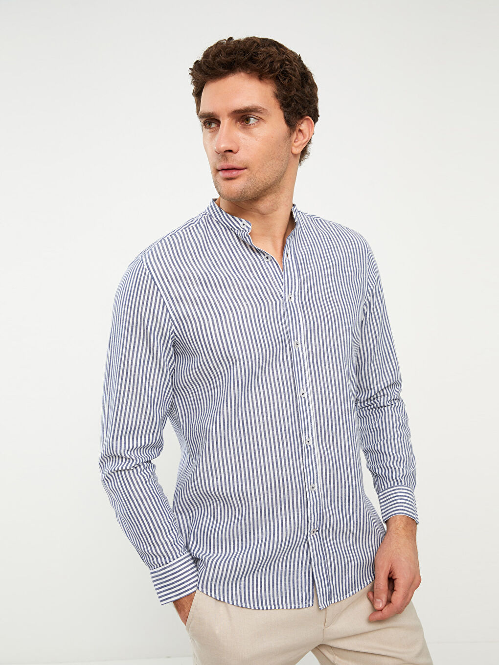 Lacivert Regular Fit Uzun Kollu Çizgili Keten Karışımlı Erkek Gömlek