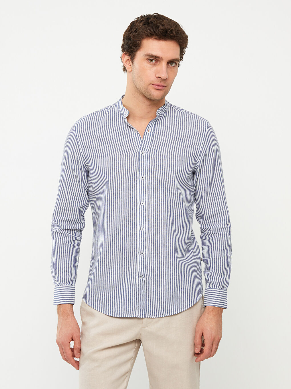 Lacivert Regular Fit Uzun Kollu Çizgili Keten Karışımlı Erkek Gömlek-1