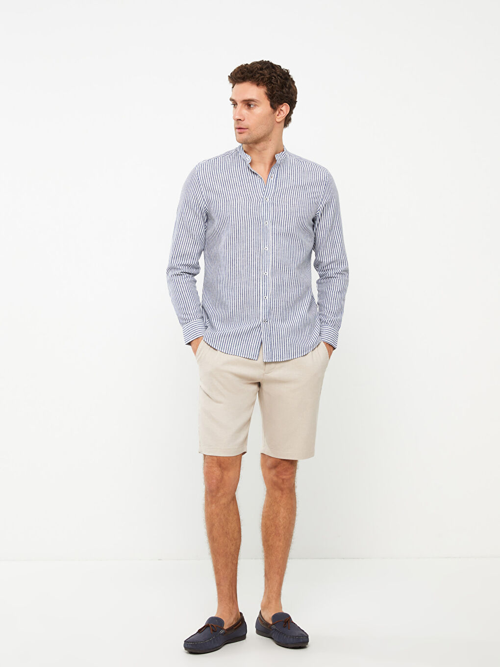 Lacivert Regular Fit Uzun Kollu Çizgili Keten Karışımlı Erkek Gömlek-2