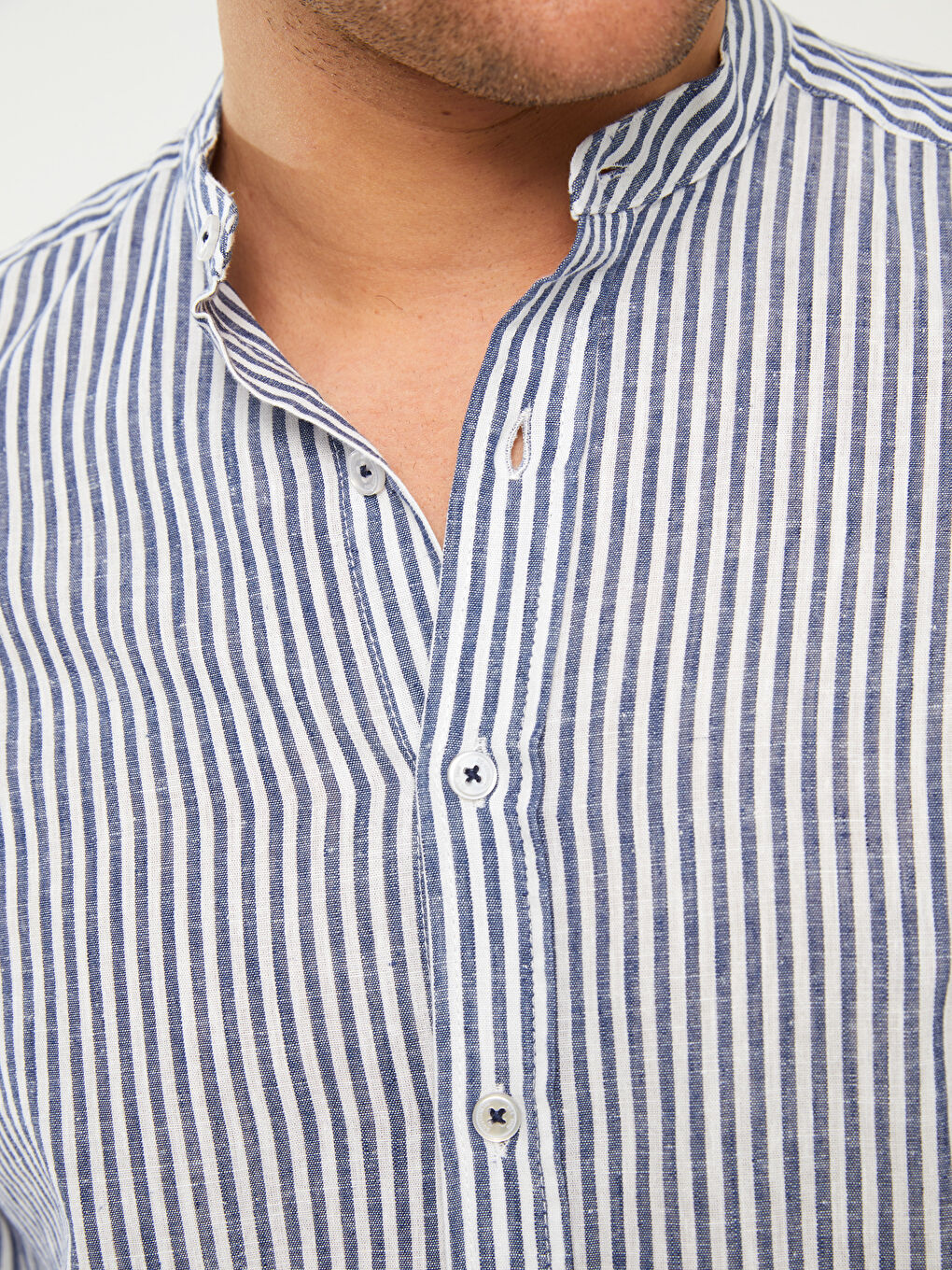 Lacivert Regular Fit Uzun Kollu Çizgili Keten Karışımlı Erkek Gömlek-3