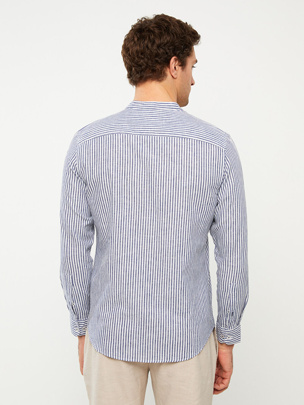 Lacivert Regular Fit Uzun Kollu Çizgili Keten Karışımlı Erkek Gömlek-4