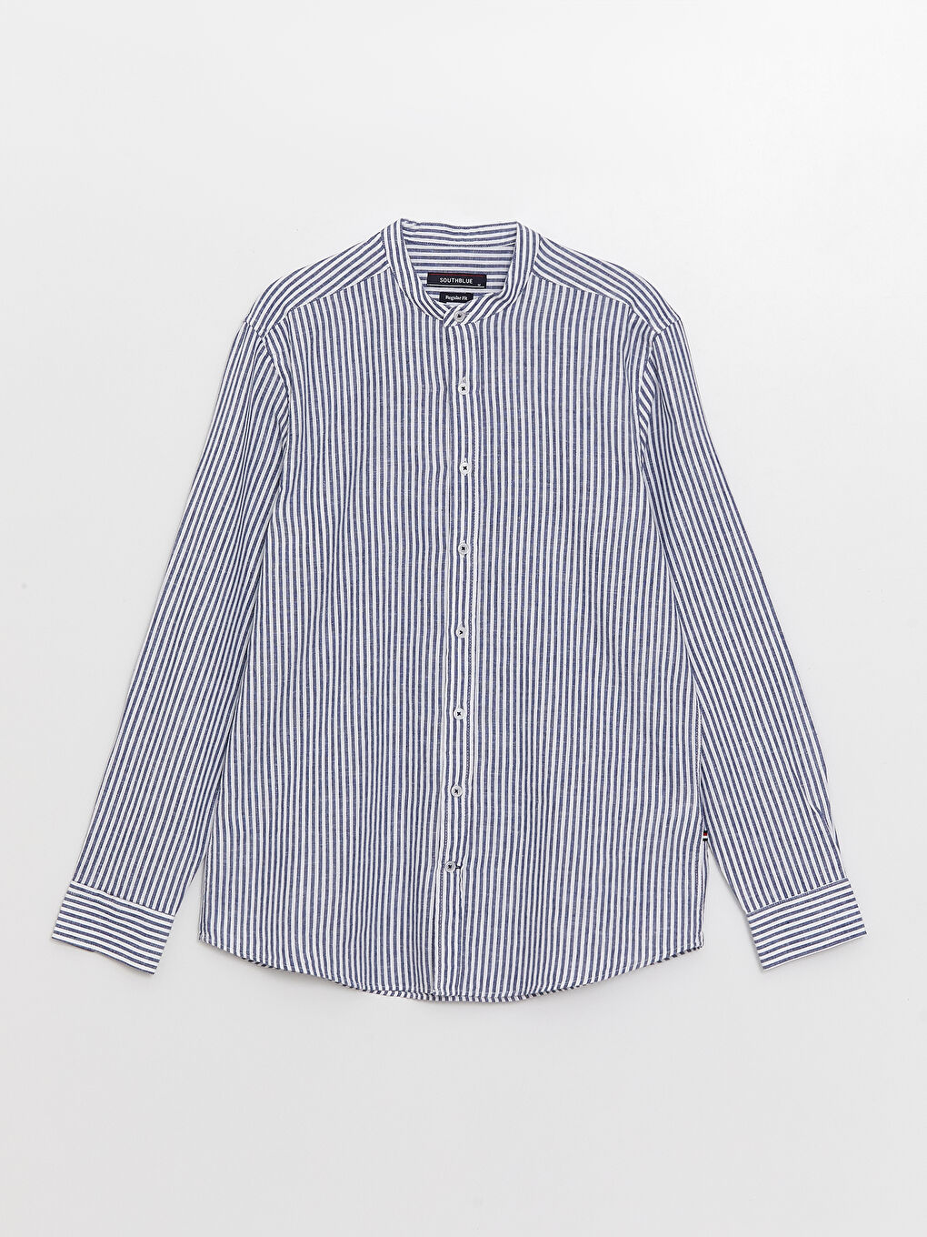 Lacivert Regular Fit Uzun Kollu Çizgili Keten Karışımlı Erkek Gömlek-5