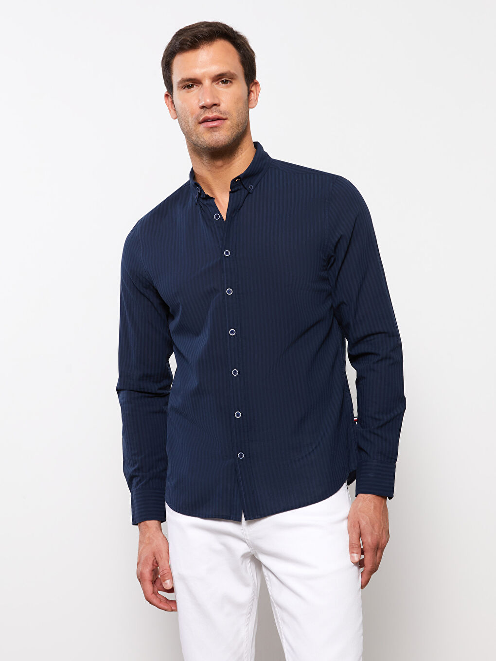 ерлерге арналған ұзын жең жолақты стандартты пішім жейде-1