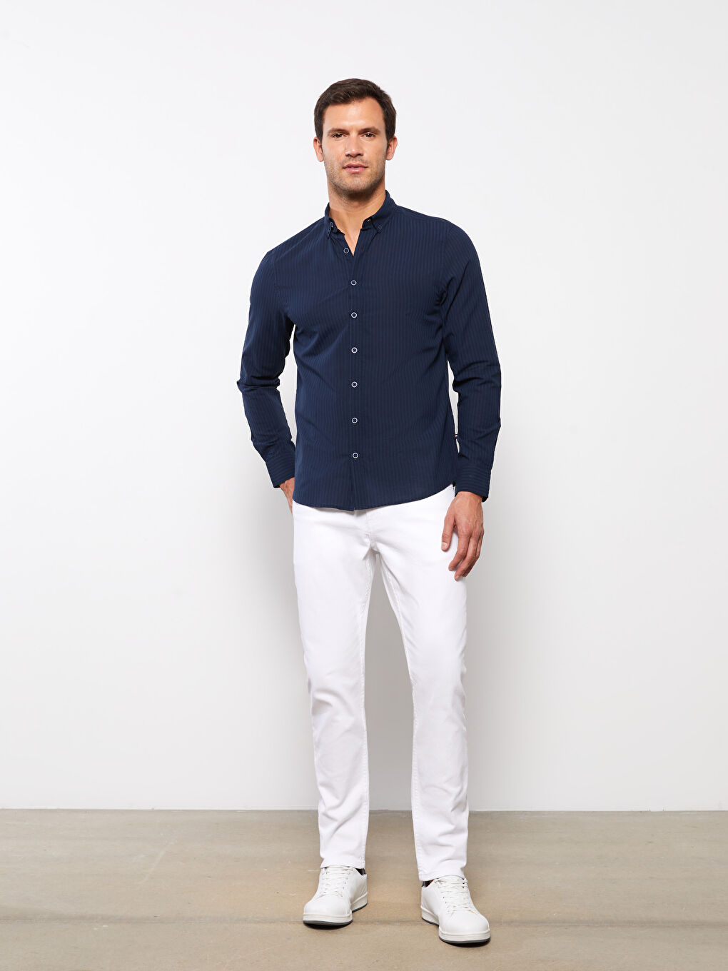 ерлерге арналған ұзын жең жолақты стандартты пішім жейде-2