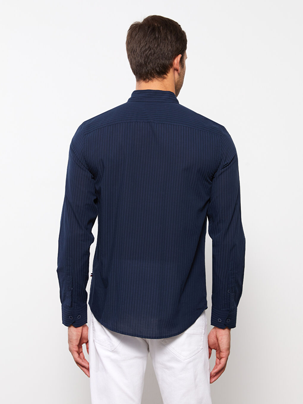 ерлерге арналған ұзын жең жолақты стандартты пішім жейде-4