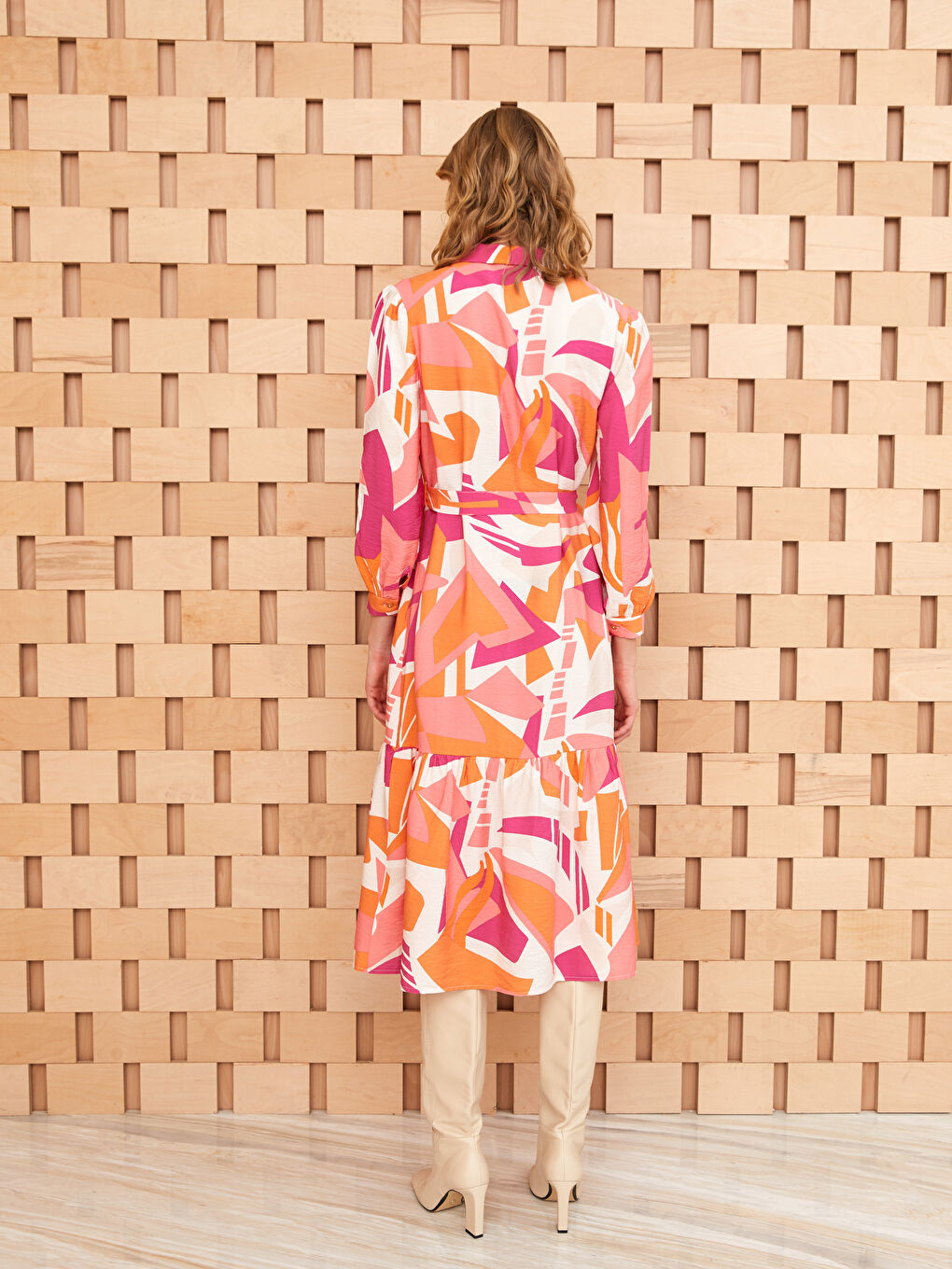 Pembe Desenli Uzun Kollu Kadın Gömlek Elbise-4