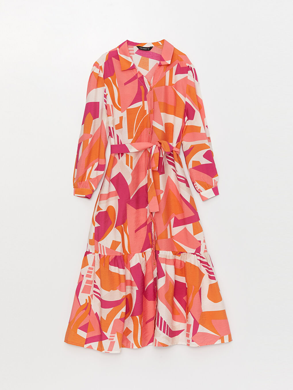 Pembe Desenli Uzun Kollu Kadın Gömlek Elbise-5