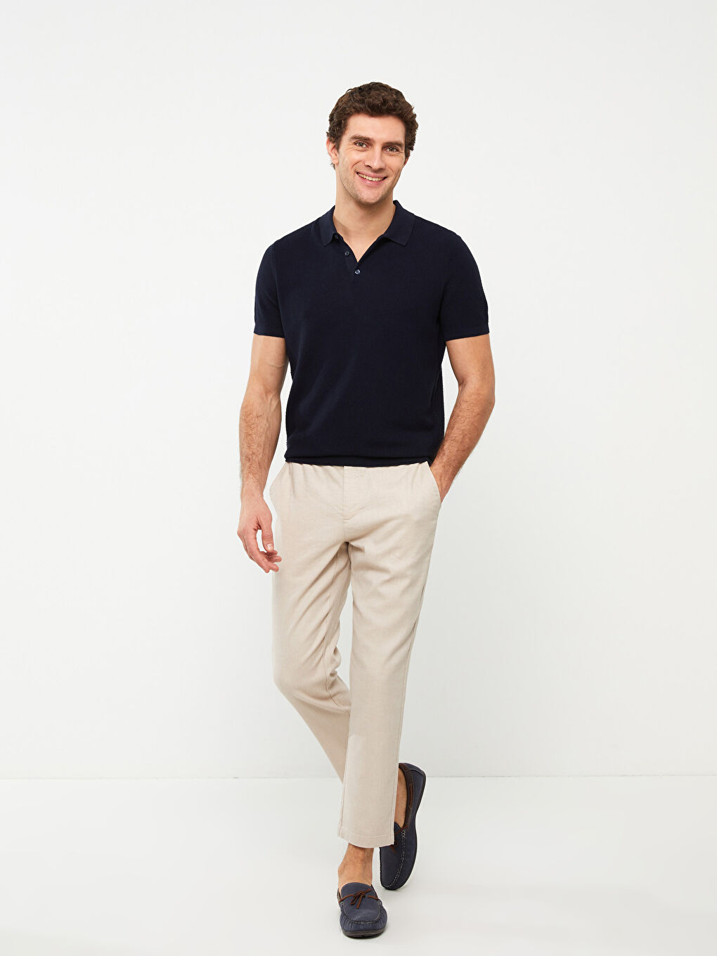 Bej Standart Kalıp Keten Karışımlı Erkek Pantolon-3