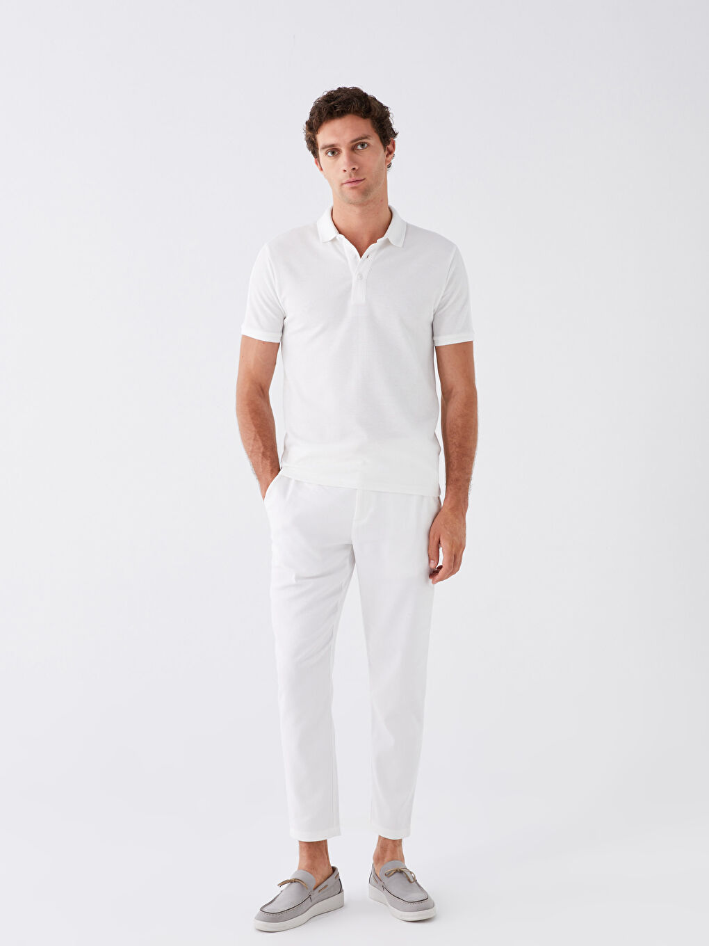 Beyaz Standart Kalıp Keten Karışımlı Erkek Pantolon