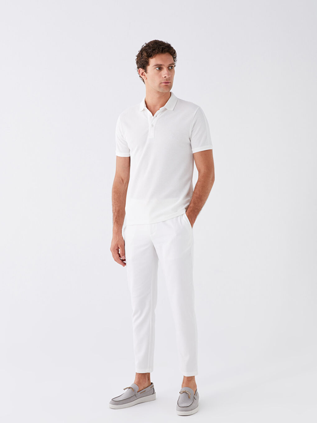 Beyaz Standart Kalıp Keten Karışımlı Erkek Pantolon-1