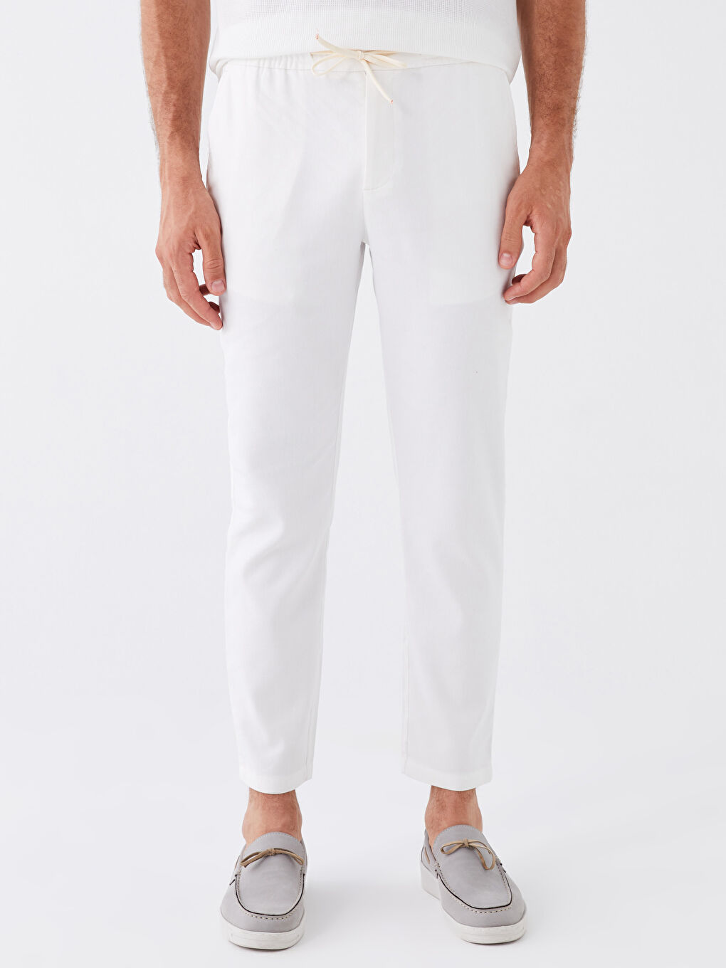Beyaz Standart Kalıp Keten Karışımlı Erkek Pantolon-2