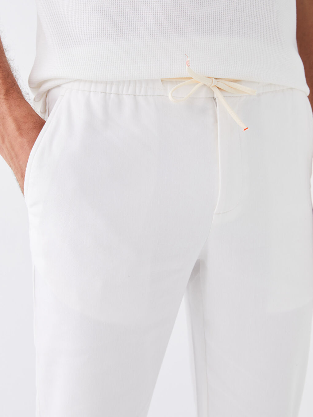 Beyaz Standart Kalıp Keten Karışımlı Erkek Pantolon-3