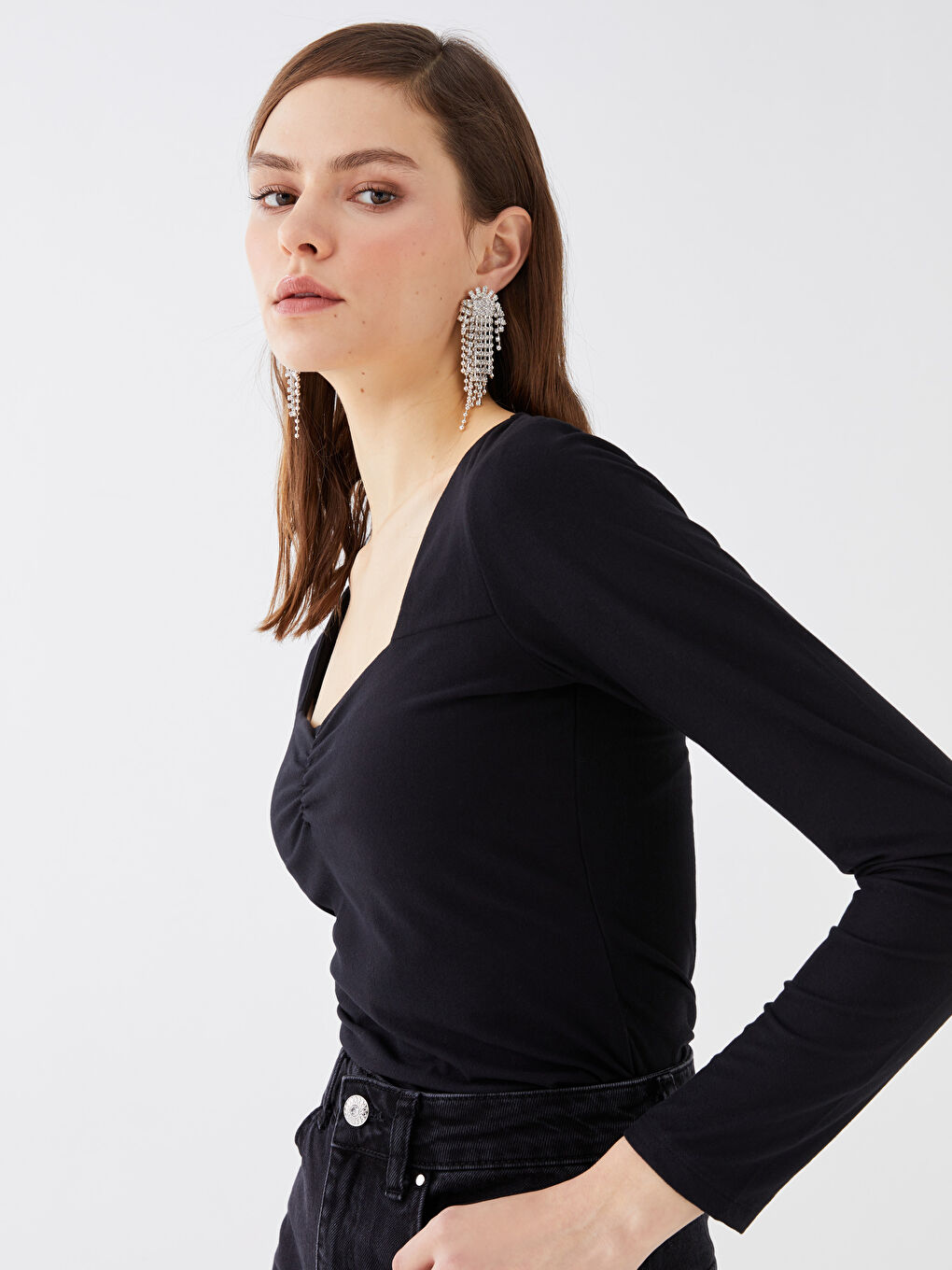 Sungirl Heart Collar Straight Long Sleeve Women's Blouse