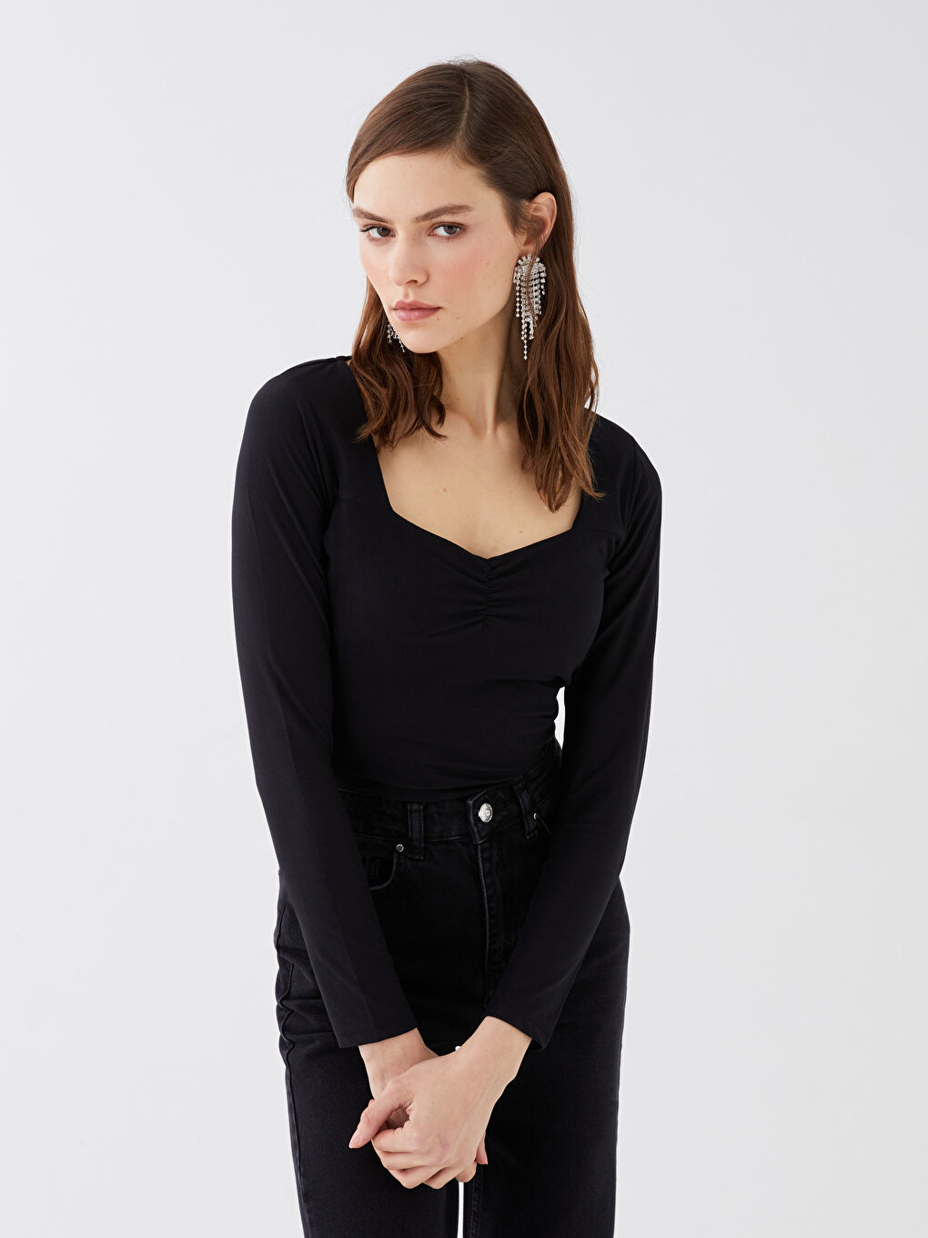 Sungirl Heart Collar Straight Long Sleeve Women's Blouse-1