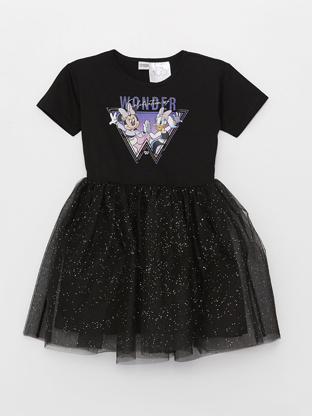 فستان بناتي مطبوع ميني ماوس و بطوطة برقبة دائرية