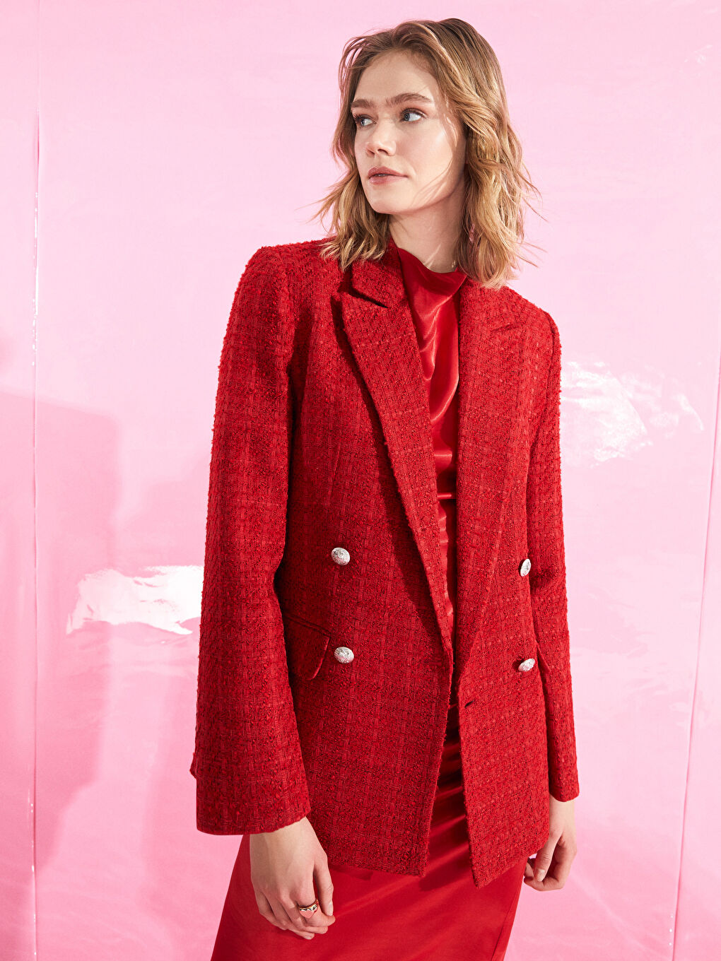 Self Patterned Long Sleeve Women's Blazer Jacket -S3CS01Z8-GYE