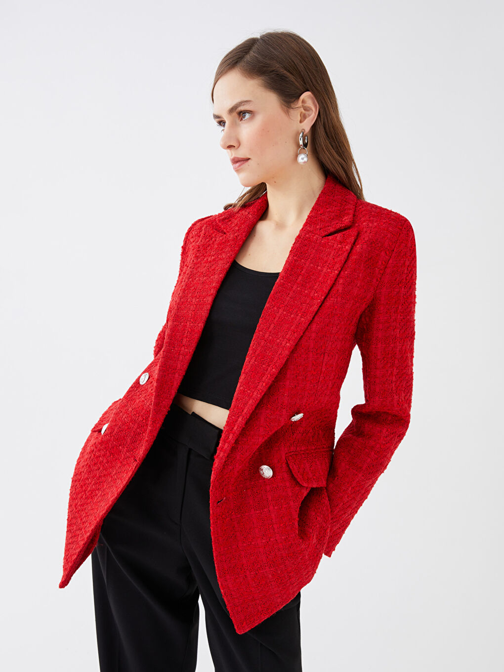 Self Patterned Long Sleeve Women's Blazer Jacket -S3CS01Z8-GYE