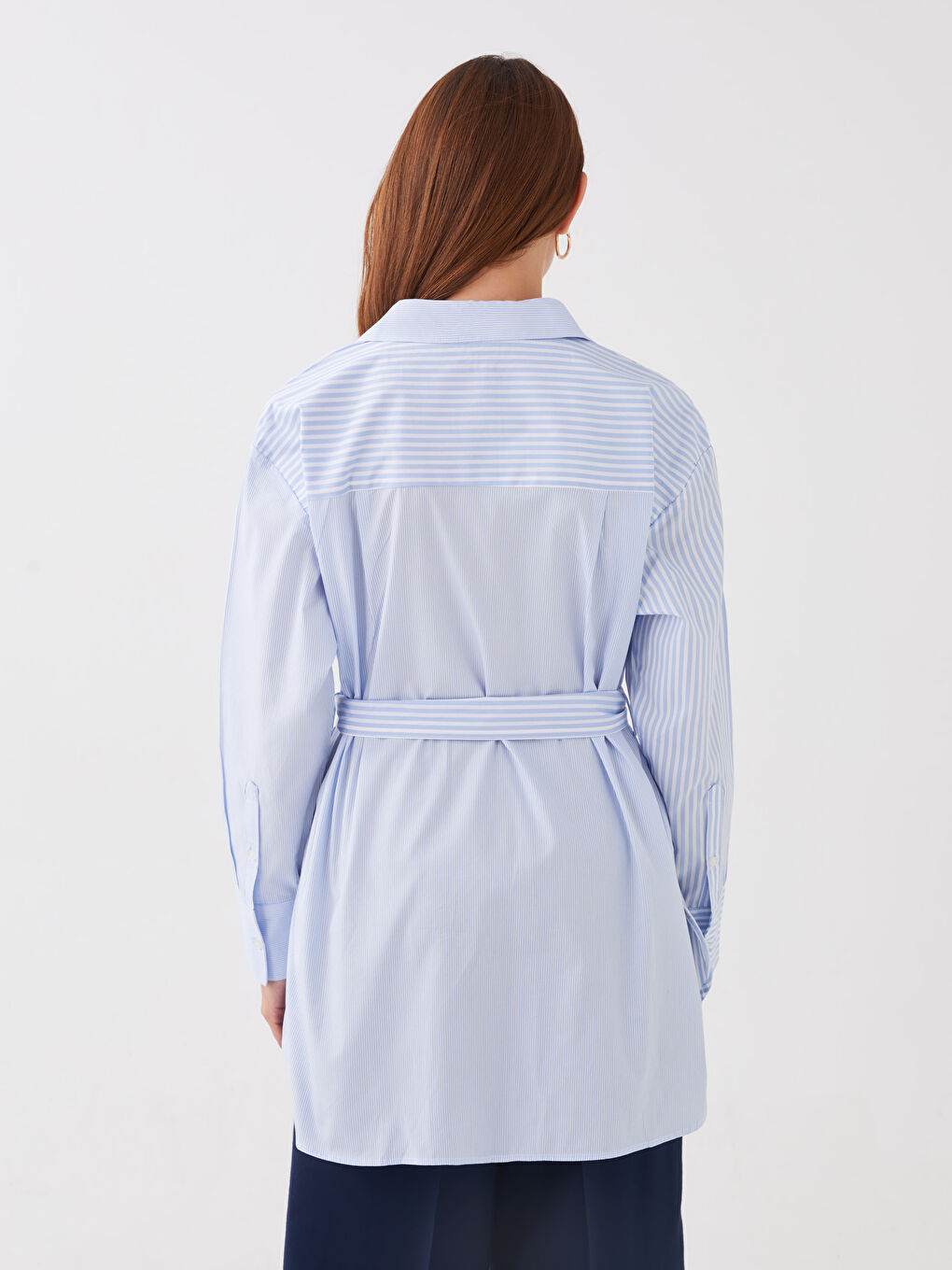 Mavi Önden Düğme Kapamalı Çizgili Uzun Kollu Oxford Kadın Gömlek-4