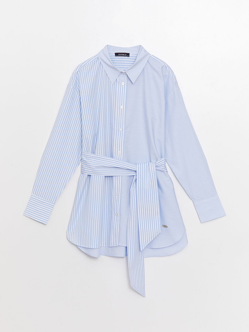 Mavi Önden Düğme Kapamalı Çizgili Uzun Kollu Oxford Kadın Gömlek-5