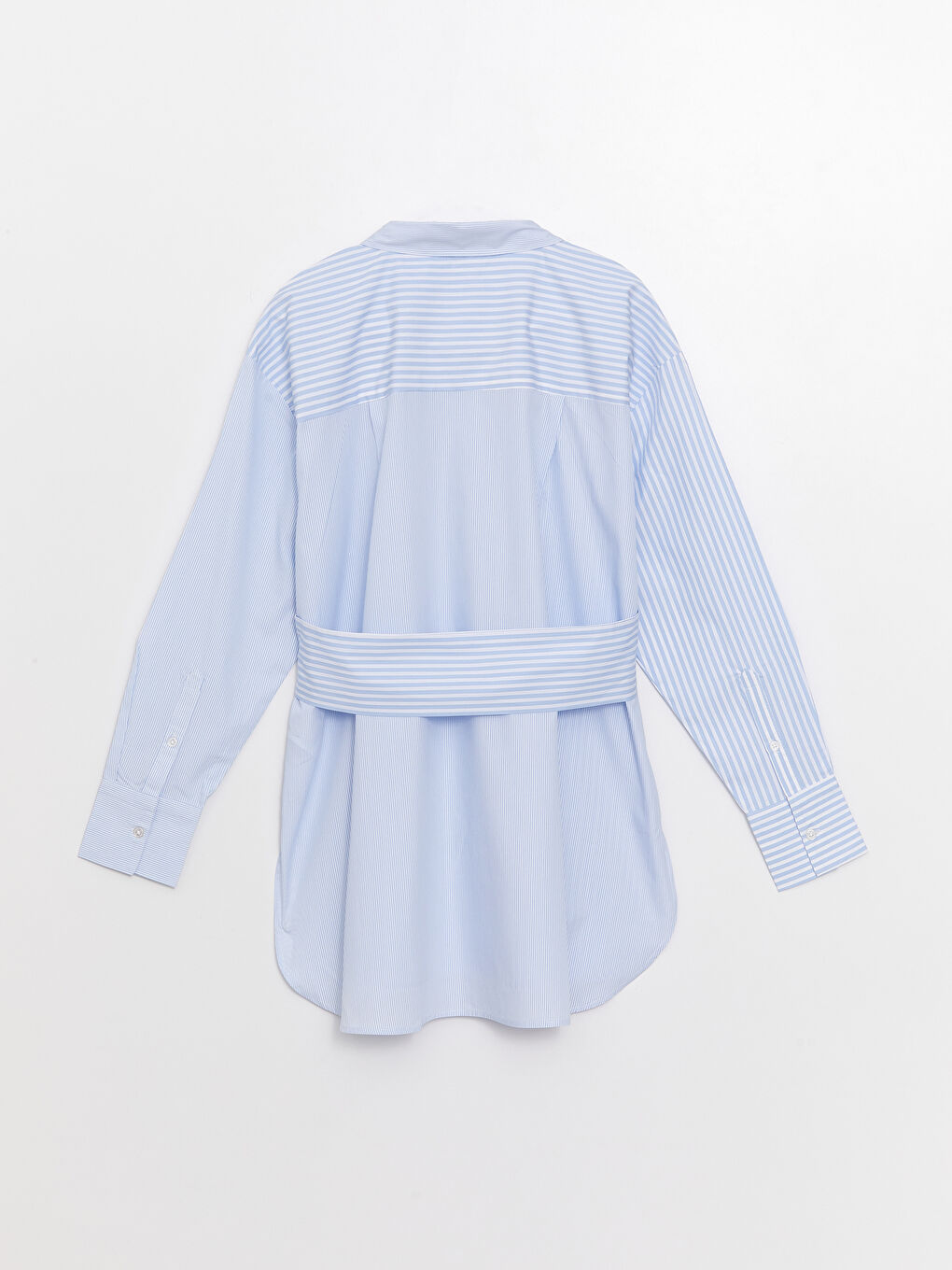 Mavi Önden Düğme Kapamalı Çizgili Uzun Kollu Oxford Kadın Gömlek-6