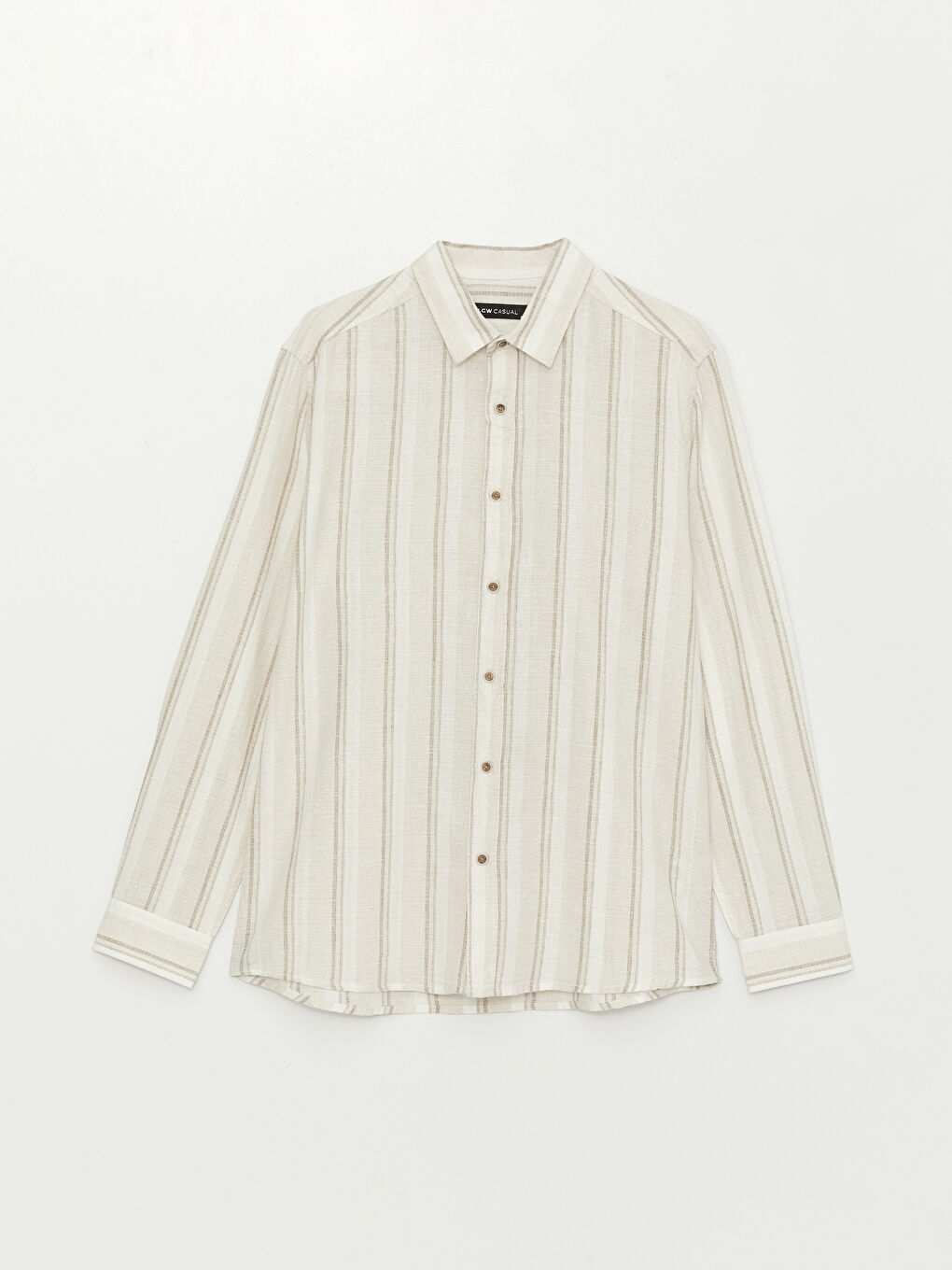 Ekru Regular Fit Uzun Kollu Çizgili Keten Karışımlı Erkek Gömlek-5