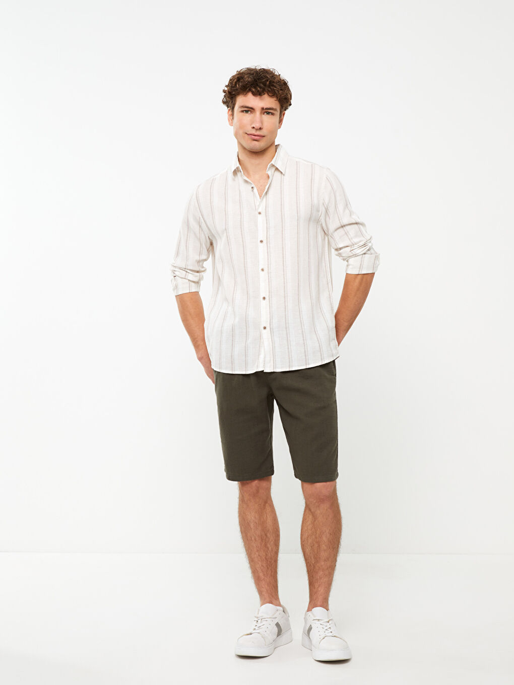 Ekru Regular Fit Uzun Kollu Çizgili Keten Karışımlı Erkek Gömlek-2