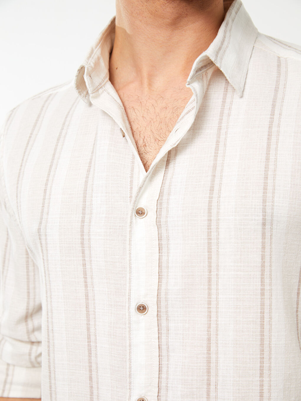 Ekru Regular Fit Uzun Kollu Çizgili Keten Karışımlı Erkek Gömlek-3