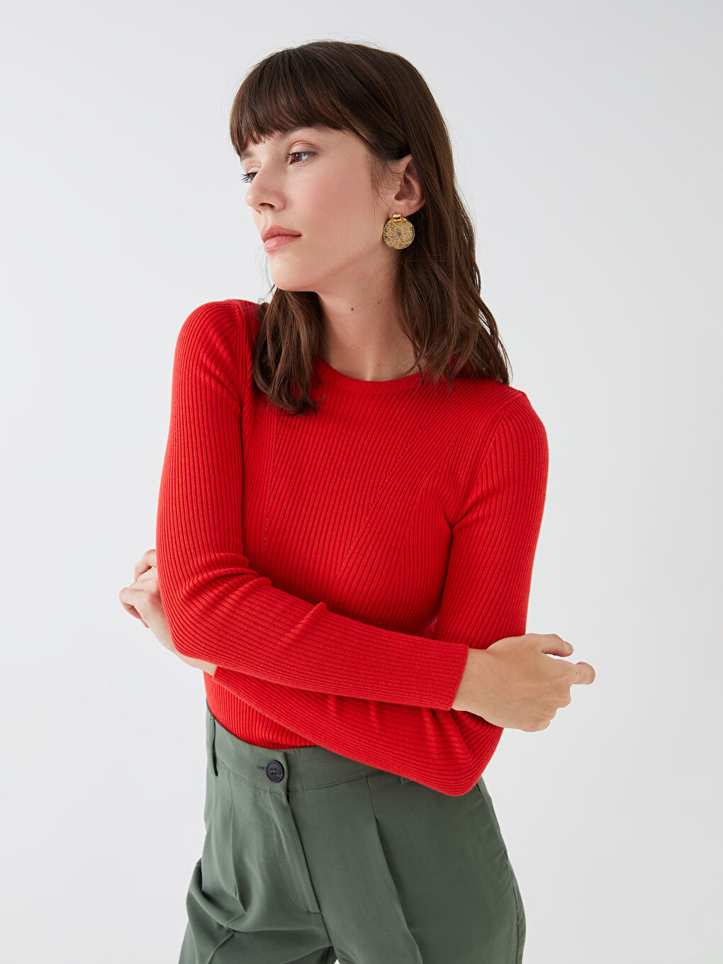 Crew Neck Ajour Long Sleeve Women's Tricot Sweater -S3CS48Z8-GYE