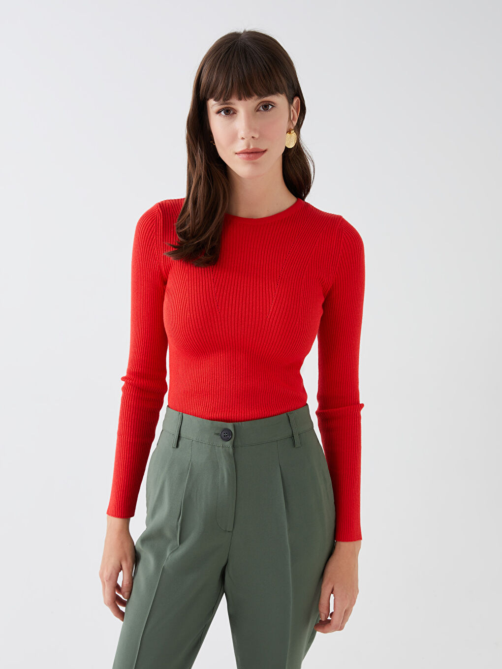 Crew Neck Ajour Long Sleeve Women's Tricot Sweater -S3CS48Z8-GYE