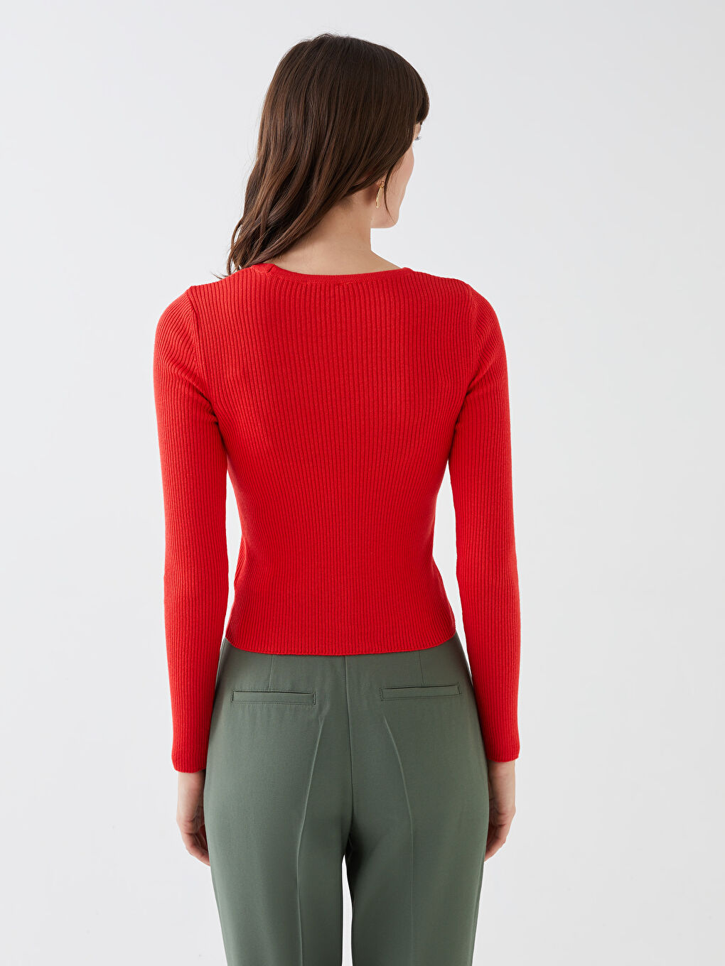 Crew Neck Ajour Long Sleeve Women's Tricot Sweater -S3CS48Z8-GYE