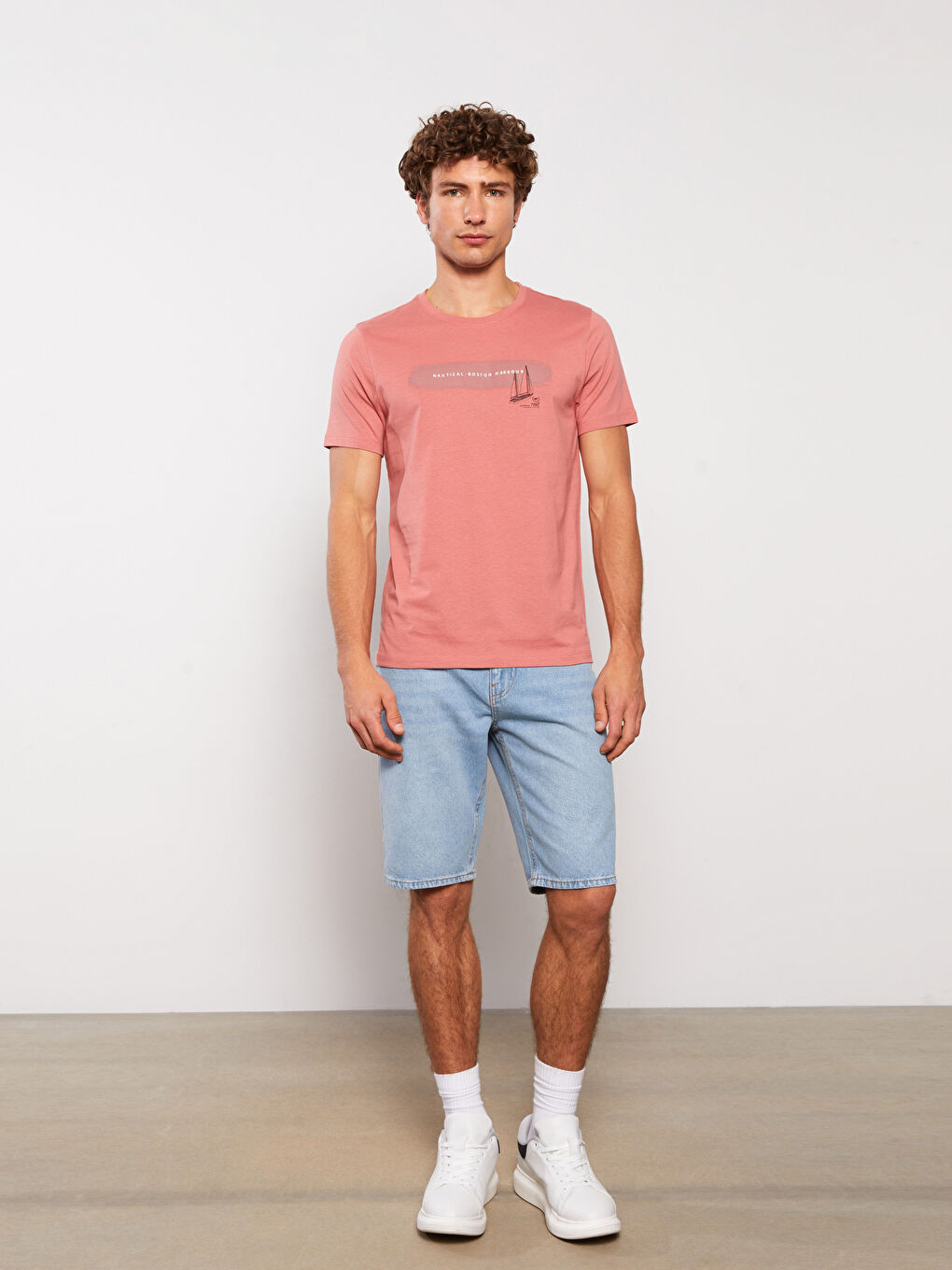 Pembe Bisiklet Yaka Kısa Kollu Baskılı Penye Erkek Tişört-1