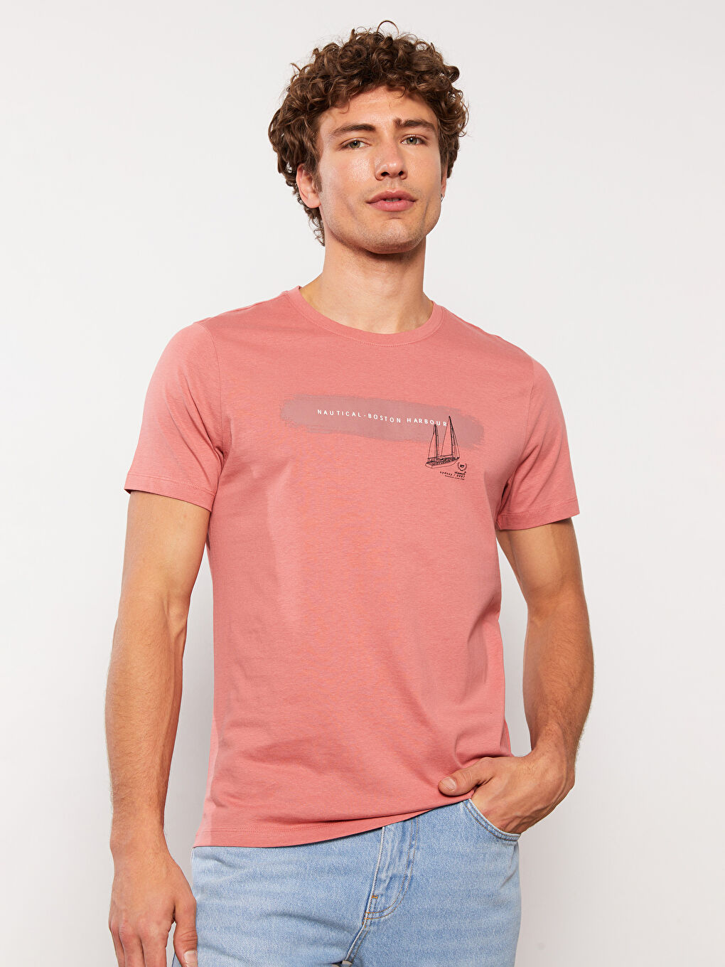 Pembe Bisiklet Yaka Kısa Kollu Baskılı Penye Erkek Tişört-2